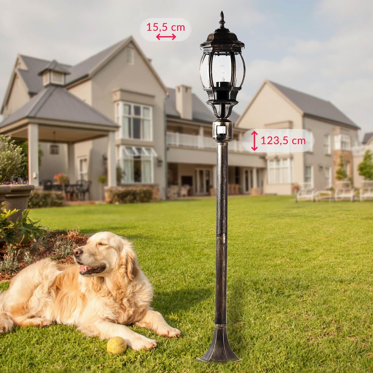 Licht-Erlebnisse Lampe sur pied extérieure avec détecteur de mouvement en aluminium et verre noir cuivré IP44 jardin 123,5 cm petite E27 Lanterne rustique luminaire sur mât extérieur BREST