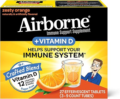 Miniatura 1 de Airborne 750 mg de vitamina C con tabletas efervescentes de zinc, suplemento de apoyo inmunológico con potentes antioxidantes, vitaminas A, C, D3 y