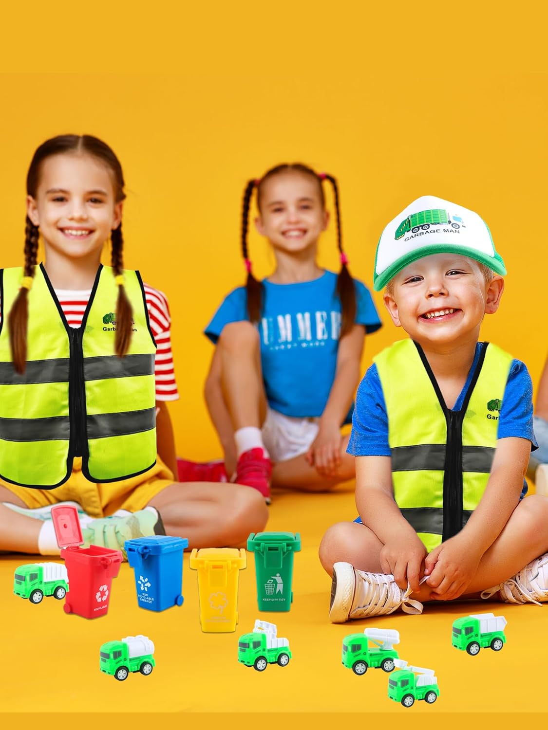 26 Pcs Kids Garbagemen Costume Outfit Include Recycle Trash Vest Waste Management Truck Recycle Hat Gloves ID Card Rubbish Bin for Career Day
