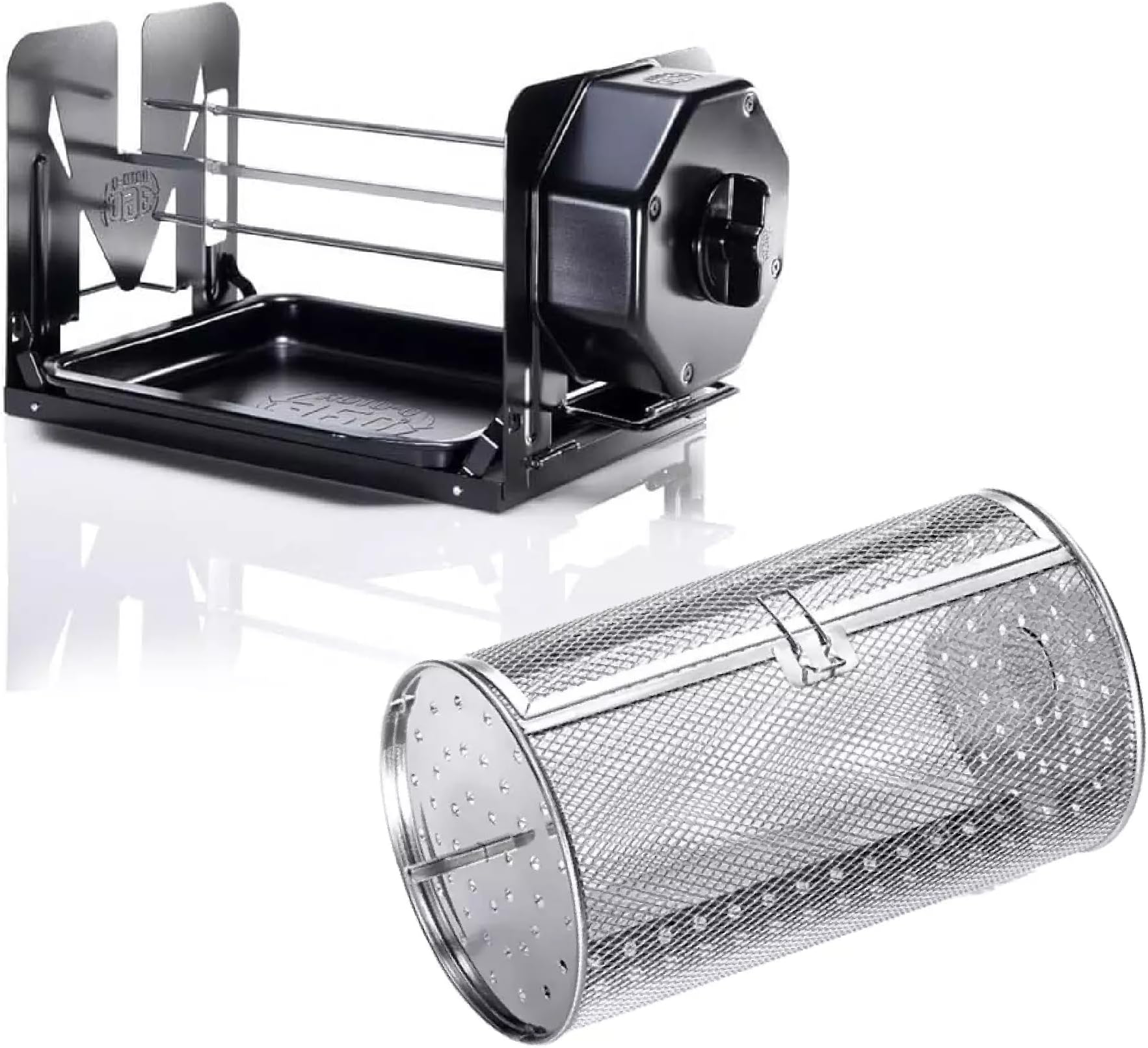 Cordless Rotisserie Kit w/Tumble Basket - Stainless Steel, Non-Electric - For Grills, Ovens, Smokers - Gas/Charcoal BBQ, Kamado Joe, Green Egg, Kettle - Indoor/Outdoor Use (Black)