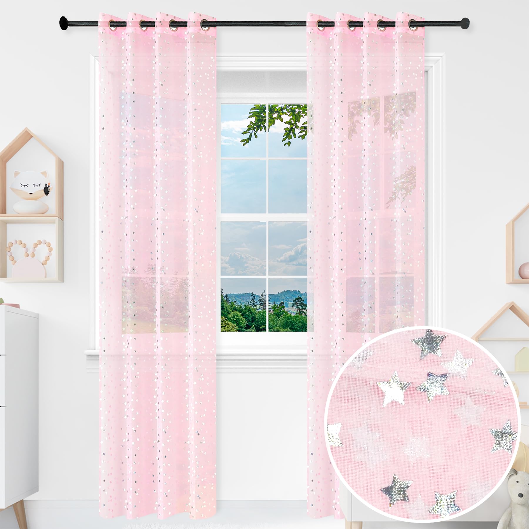 BOD HOME 2 Pieces Pink Translucent Children's Curtain, 140 x 260 cm Width, Curtain Children's Bedroom, Home and Bedroom Decoration, Polyester, Silver Stars Design