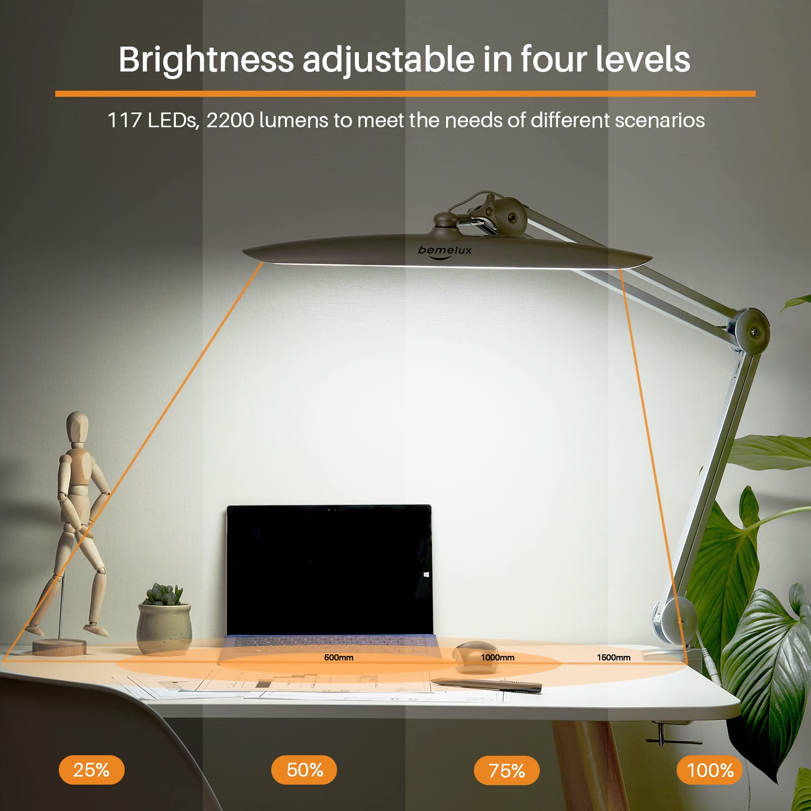 Lámpara LED de escritorio con abrazadera, lámpara de tareas de atenuación para lectura, escritorio, oficina, banco de trabajo, mesa, arquitecto, costura, estudio, manualidades en casa, 117 LED 2