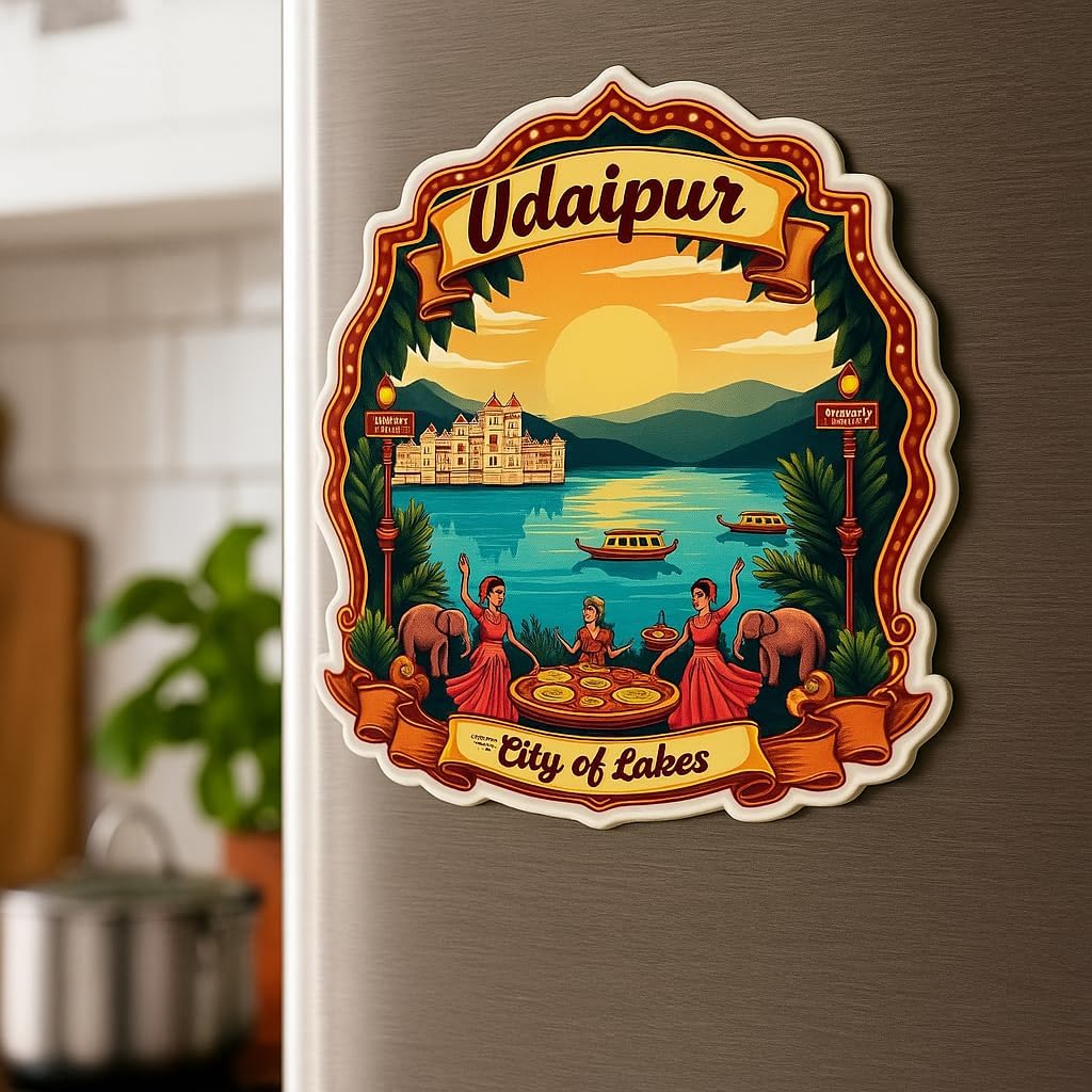 Naxon Udaipur City of Lakes Fridge Magnet | Beautiful Rajasthan Travel Souvenir | Lake Pichola City Palace Jag Mandir Magnet | Home Kitchen Office Decor | 3x3 Inch Wooden Multicolor Gift | Pack of 1