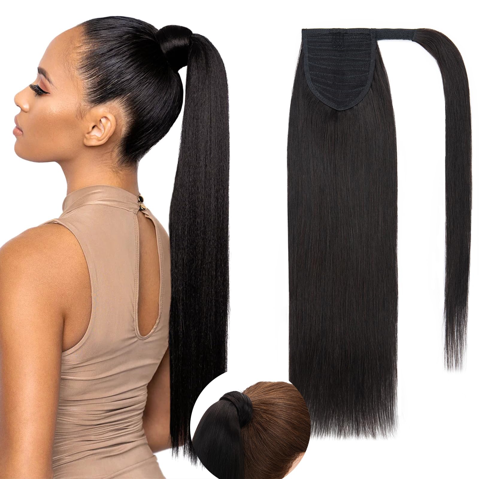 Rich ChoicesPonytail Extension Human Hair Wrap Around Ponytail Hair Extension Straight 14 Inch #1B Natural Black Hair Ponytail Extension Real Remy Human Hair Extensions Hairpieces for Women