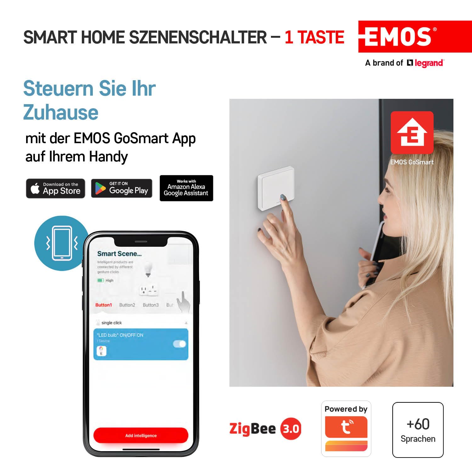 EMOS GoSmart Home przenośny przełącznik sceny z wyświetlaczem LED i aplikacją – ZigBee – zasilanie bateryjne – 1 przycisk, 3 sceny – steruje nieograniczoną liczbą inteligentnych urządzeń lub lamp –