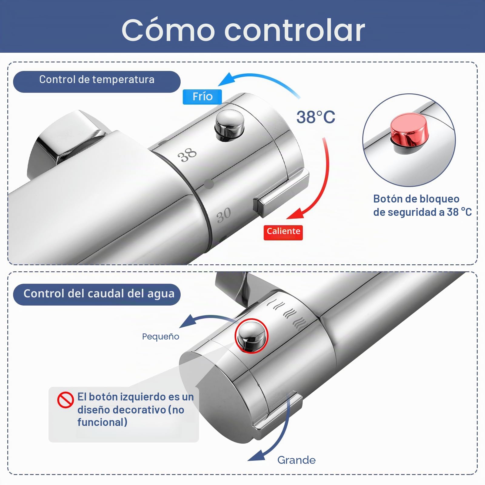 Mezclador termostático de ducha con salida superior G3/4, válvula mezcladora termostática de latón para ducha con barra antiquemaduras, mezclador de agua caliente y fría con control de temperatura