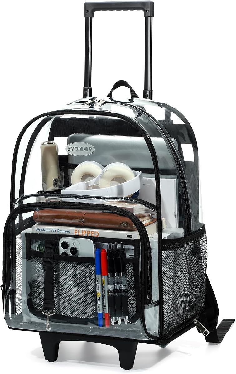 Rolling Clear Backpack Heavy Duty, 3-Stage Telescopic Handle Transparent Bookbag with wheels, See Through Backpack for College, Work, Travel