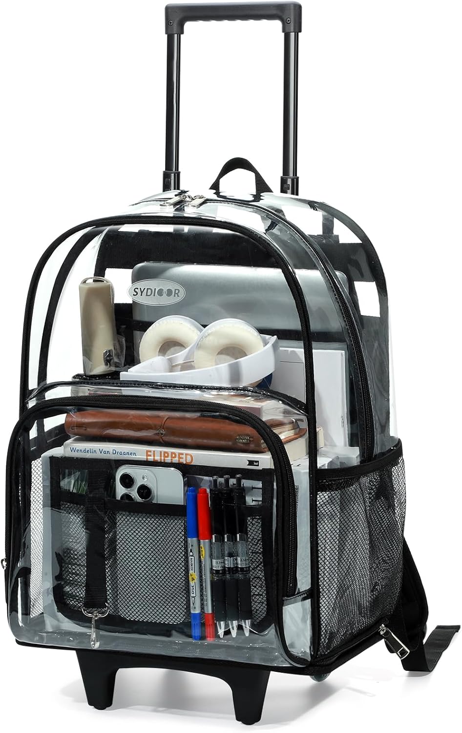Rolling Clear Backpack Heavy Duty, 3-Stage Telescopic Handle Transparent Bookbag with wheels, See Through Backpack for College, Work, Travel