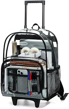 Rolling Clear Backpack Heavy Duty, 3-Stage Telescopic Handle Transparent Bookbag with wheels, See Through Backpack for College, Work, Travel