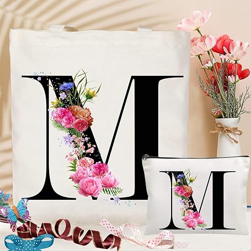 Miniatura 3 de Andeiltech - Bolsa de lona con inicial floral, personalizada, bolsa de maquillaje con monograma, regalo para damas de honor, cumpleaños, boda