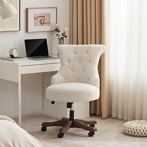 Home Office Chair Adjustable Height Swivel Chair with Wheels Linen Fabric Upholstered Computer Desk Chair with Wooden Legs Comfortable Armless Chair for Home Office Study Studio(Beige)