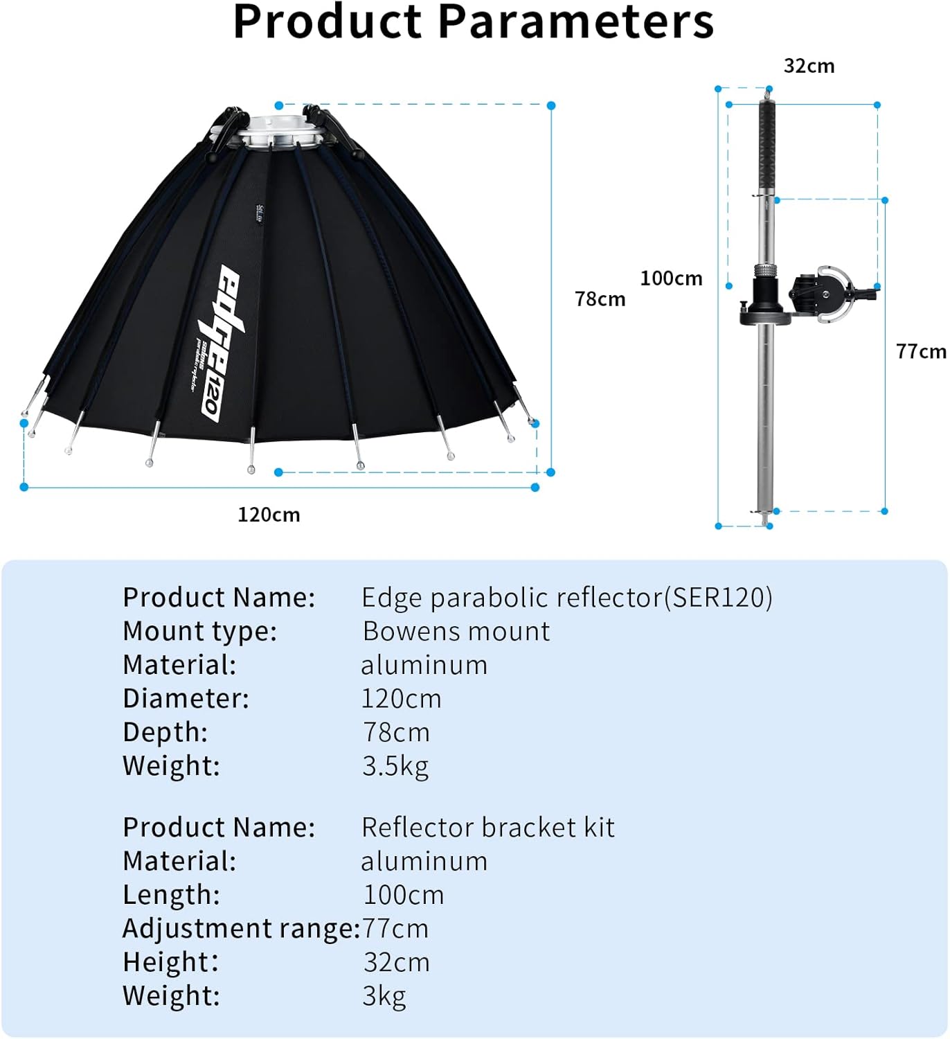 Selens Edge Parabolic Reflector SER120 Parabolic Light Focus System with Focusing Rod for Portrait Photography, Video, Flash, Spotlight, 47.24 inch/120cm