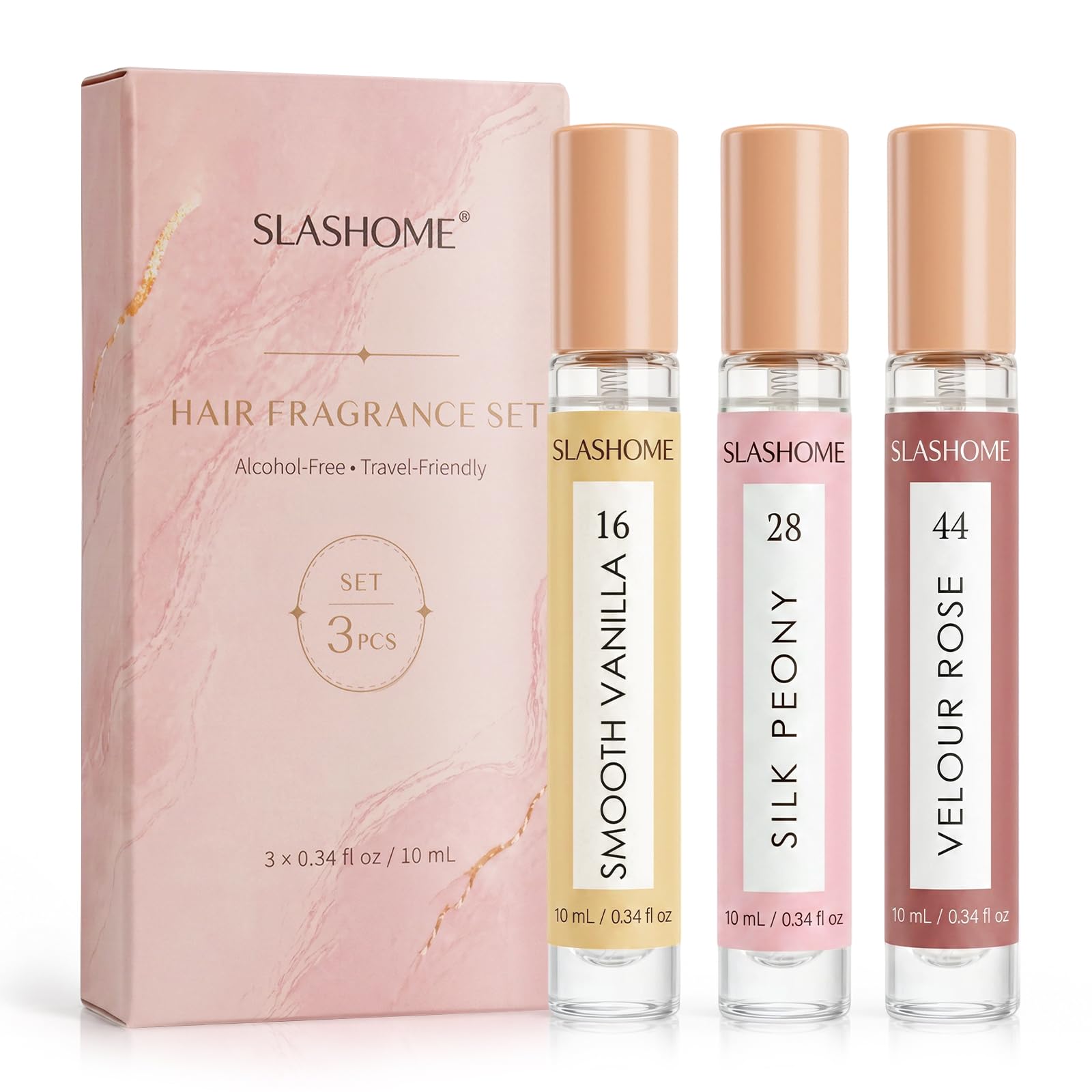 slashome Hair Perfume Set for Women, 3x10mL Alcohol-Free Hair & Body Mist | Smooth Vanilla, Silk Peony & Velour Rose, Long-Lasting Fragrance for Hair, Travel-Size Scents for Daily Wear & Gift for Her