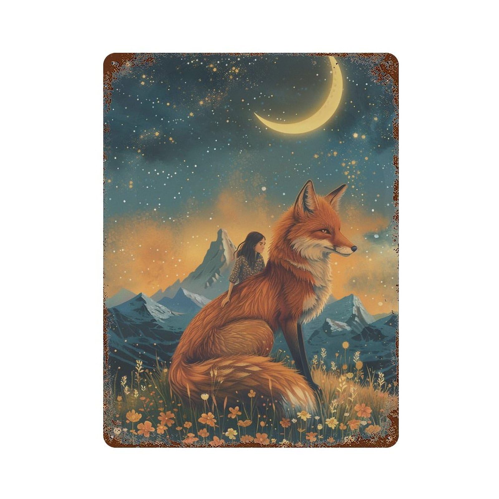 Fox And Girl in Starry Field Rustic Tin Plaque 15.7"x11.8", for Pub, Kitchen And Man Cave Decor, Vintage Wall Decor