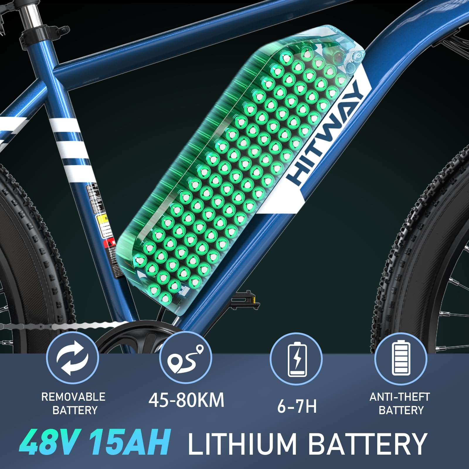 HITWAY Bicicletta Elettrica, Adulti Mountain Bike Elettrico, Bicicletta elettrica da 26" 3,0/4,0, E-bike da pendolarismo con batteria rimovibile da 48V15AH, 7 Velocità, 45-80km