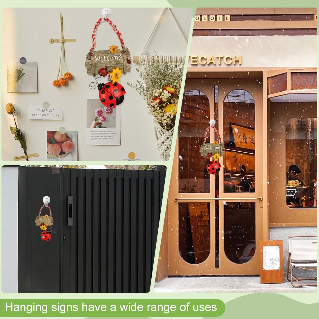 Cartello di benvenuto da appendere in confezione da 2, per interni ed esterni, decorazione per porta d'ingresso con coccinella per giardino di casa, pannello per porta personalizzato