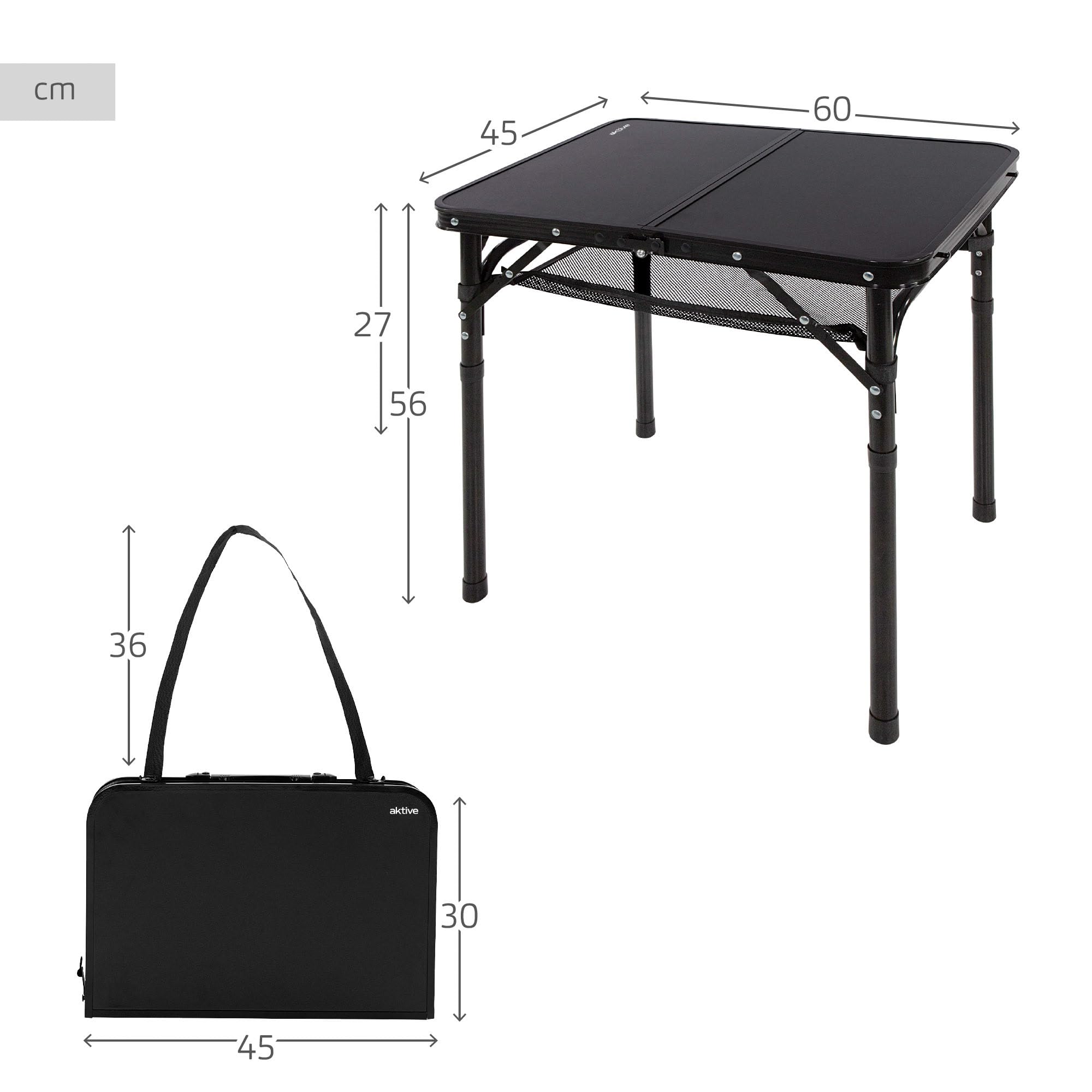 AKTIVE Mesa plegable pequeña, Negro, 60x45x27/56 cm, Altura ajustable, Topes antideslizantes, Soporta 30 kg, Asas transporte, Incluye red auxiliar desmontable, Mesas de camping, Playa, Jardín (63086)