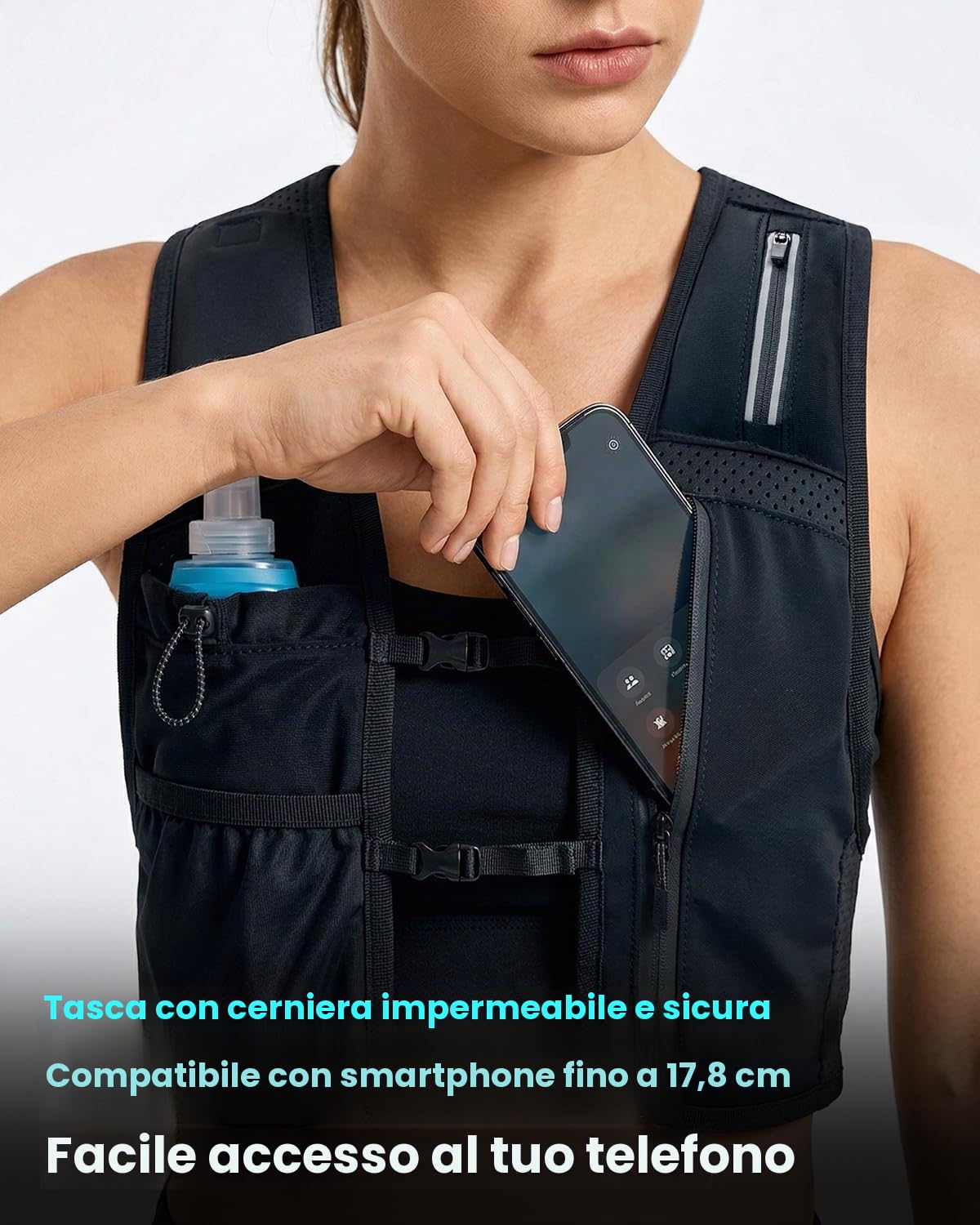 Zelvot Gilet da Running Unisex, Soft Flask 500ml, Porta Smartphone​ | 6 tasche, 3 cinghie regolabili, 213 g, neoprene traspirante, dettagli riflettenti per trail, ciclismo e maratona