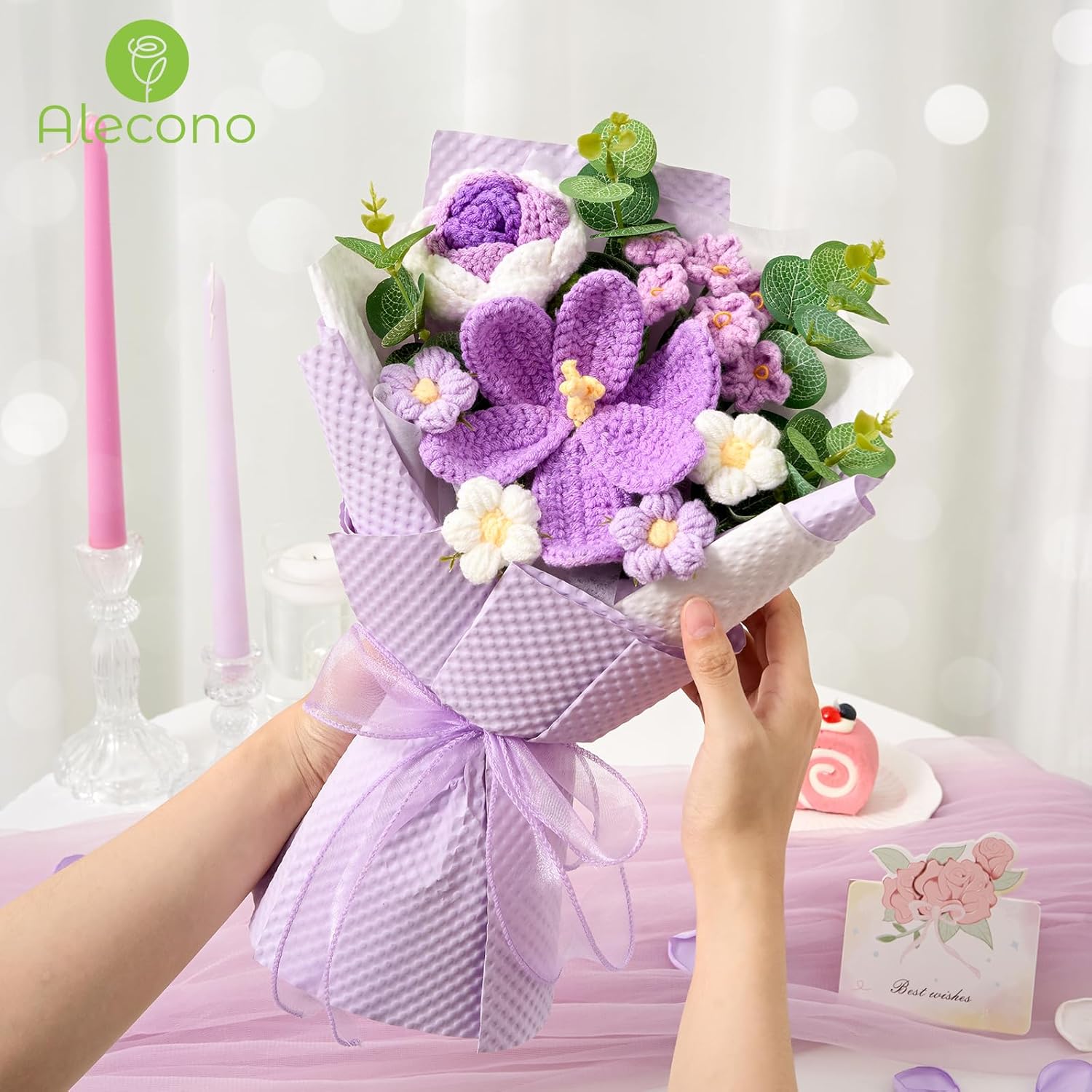 Alecono Crochet Flower Bouquet, Knitted Flowers, Purple Handmade Bouquet of Flowers for Lover Anniversary Birthday Party Mother's Day Graduation Gifts (Include Card) - Image 5