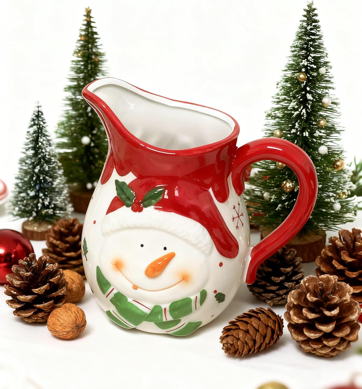 Christmas 58 OZ Large Relief Porcelain Jug, Festive Holiday for Milk, Cream, Juice, Collectible Elegant Tableware for Xmas Celebrations - Rustic Ceramic Vintage Water Bottle Pitcher (Snowman)