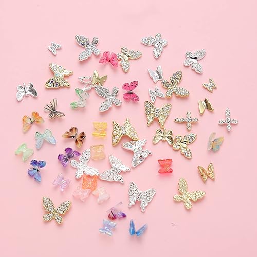 Miniatura 2 de Kit de 50 dijes de uñas de mariposa mixta 3D para decoración de mariposas doradas para uñas acrílicas arte de diamantes gemas y diamantes de