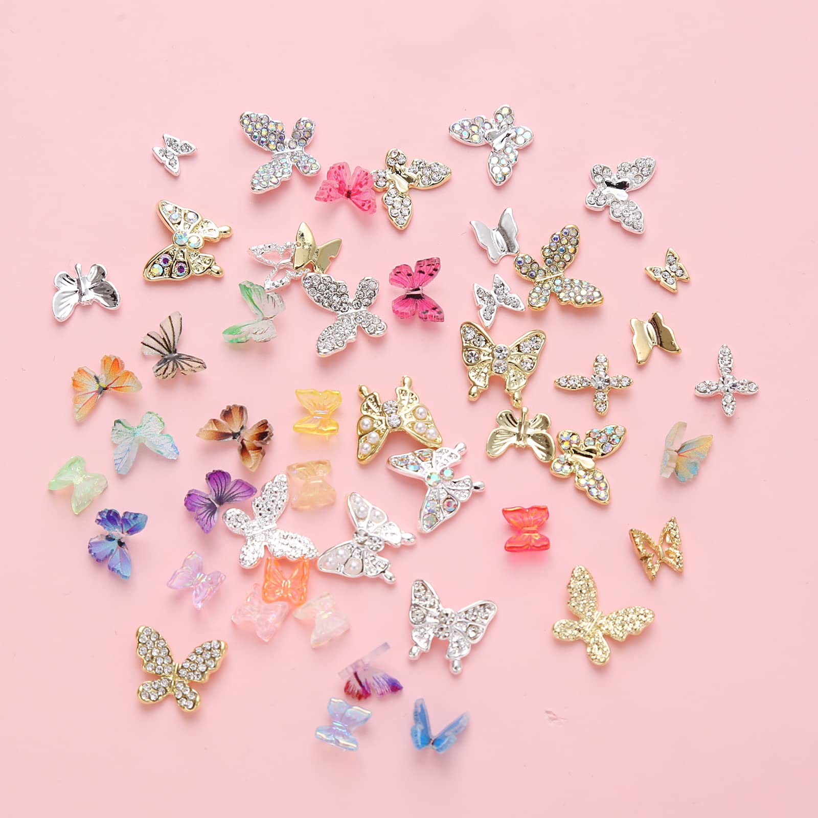 32 Pcs Butterfly Nail Charms Rhinestones 3D Crystals Diamonds for Acrylic Nails, Gold Silver Color Nail Charms Gems for Women Nail Art DIY Decoration Crafts Gifts (Butterfly)