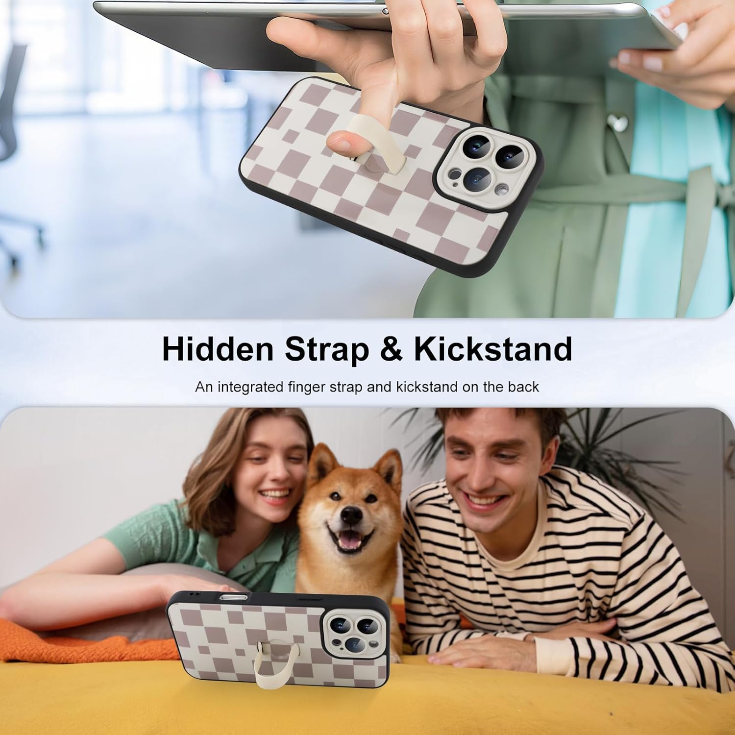 for iPhone 16 Pro Max Case with Finger Strap Kickstand, Cute Checkered Checkerboard Pattern for Women Men, Full Camera Protection Aesthetic Shockproof TPU Design, White - Image 3