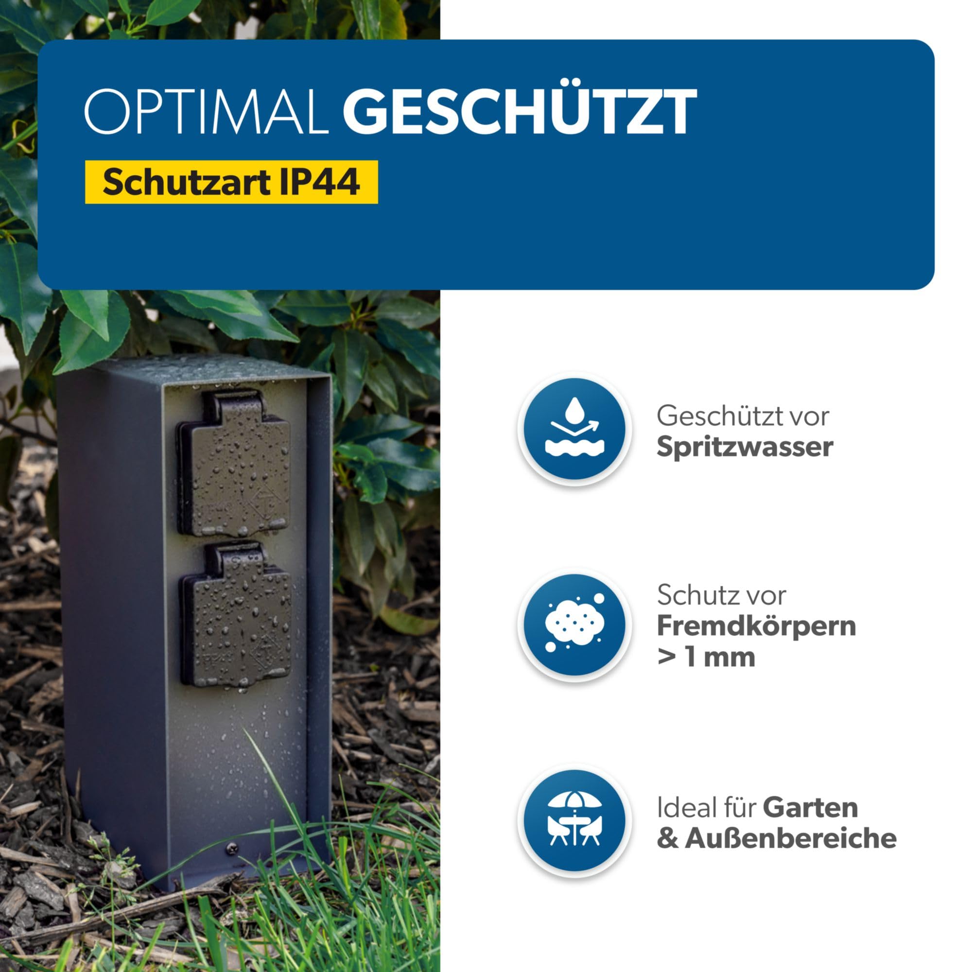 UNITEC Steckdosenverteiler für den Garten, Steckdosensäule mit Zeitschaltuhr, Außensteckdose, Edelstahl, IP 44, 2 Steckdosen