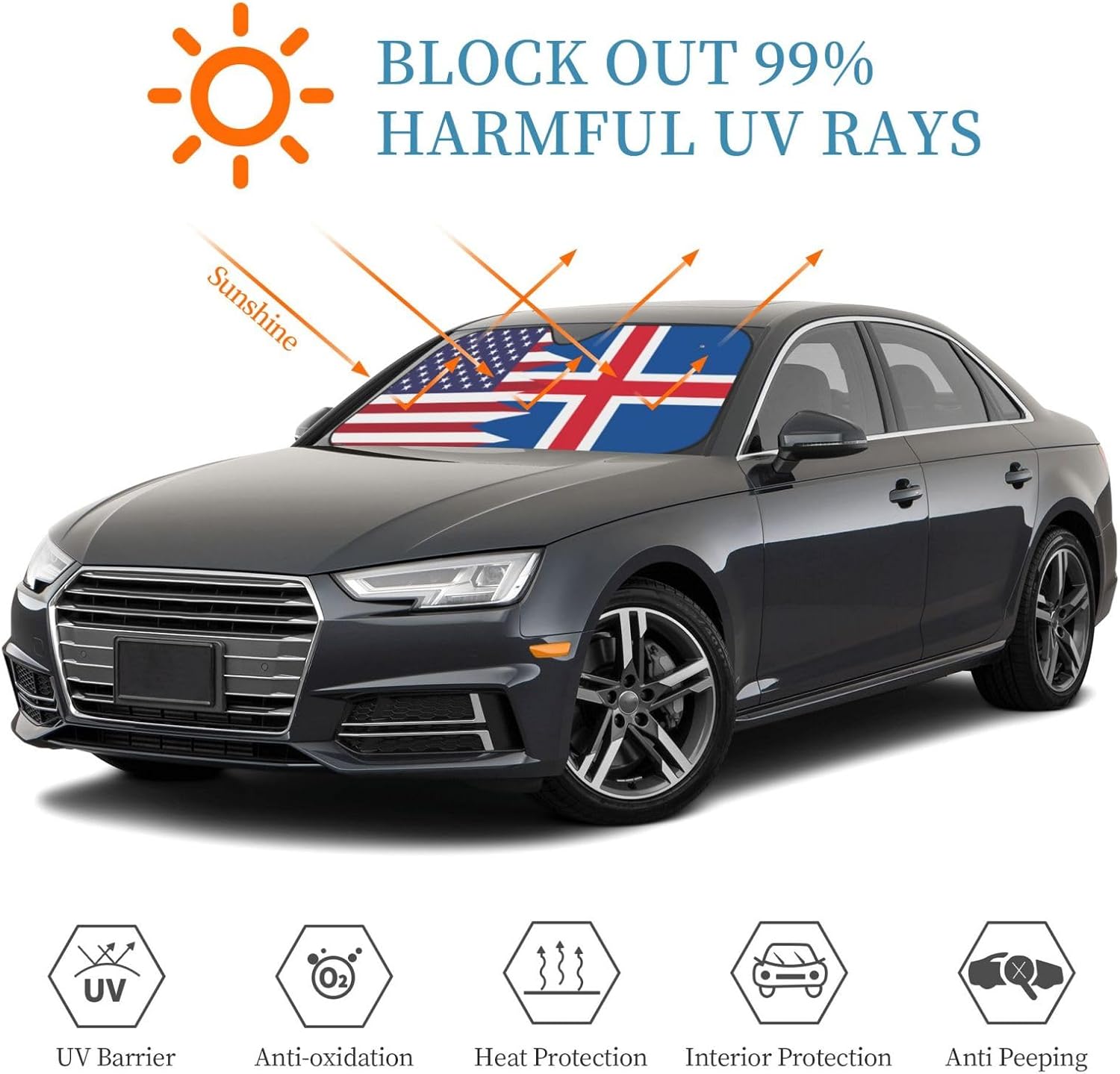 America Iceland Friendship Flag Foldable Car Windshield Sunshade Blocks Heat and Sun Glare Uv Rays