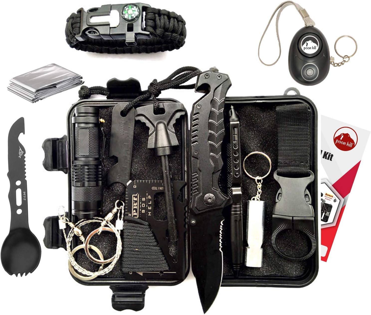 Hill 14 in 1 Doomsday Survival Kit with Safety Alarm Keychain for Emergency Preparedness for Car with Tools Pack or Outdoor Hiking, Camping Gear for Men Unique Gifts for Men, Kids Survival Tool