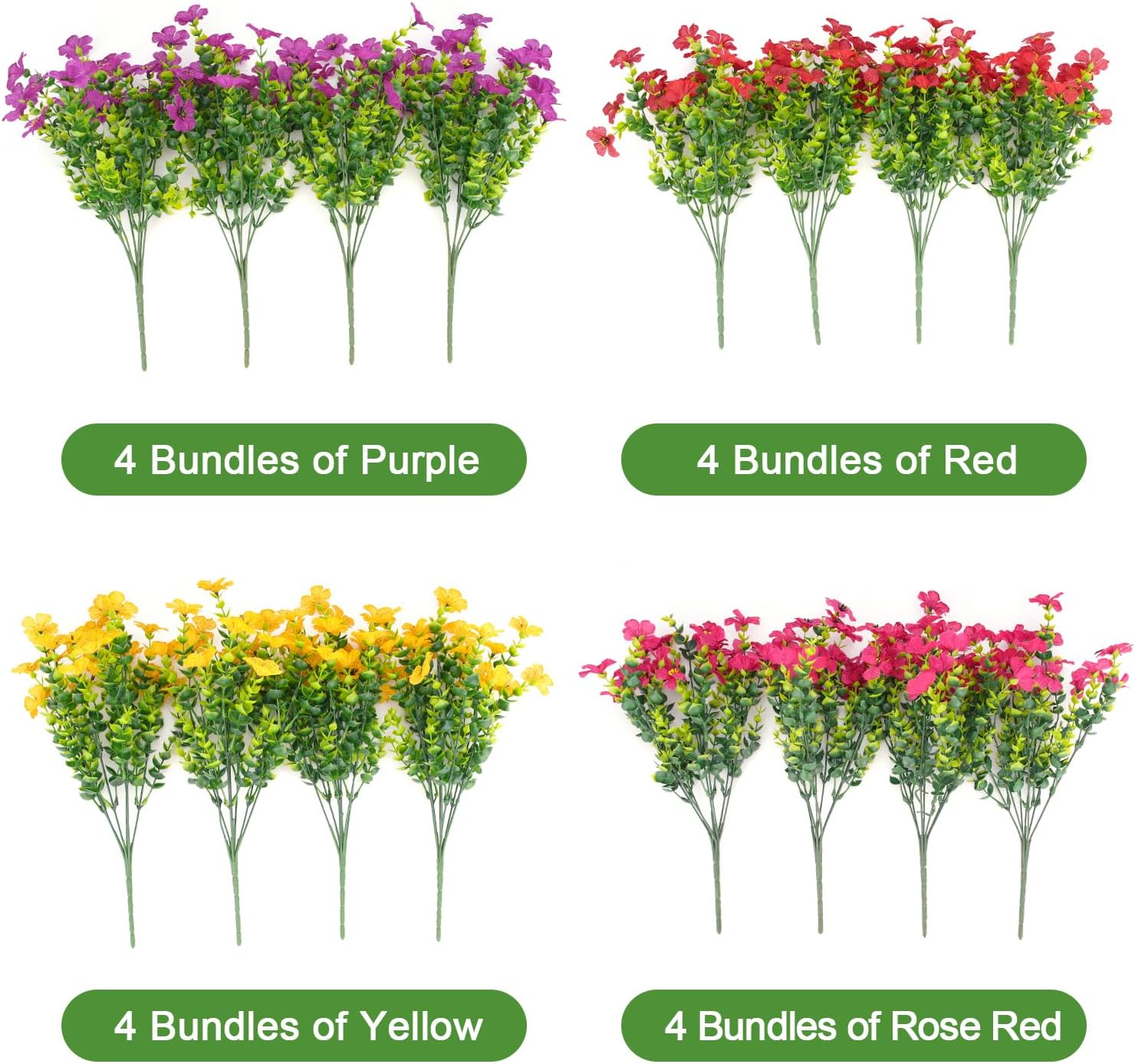 16 Bundles Artificial Flowers for Outdoors Spring Summer Decoration Faux Plastic Flowers Fake UV Resistant Silk Colorful Daisy Eucalyptus Realistic Plants for Porch Patio Home Planter Window Box Yard - Image 3