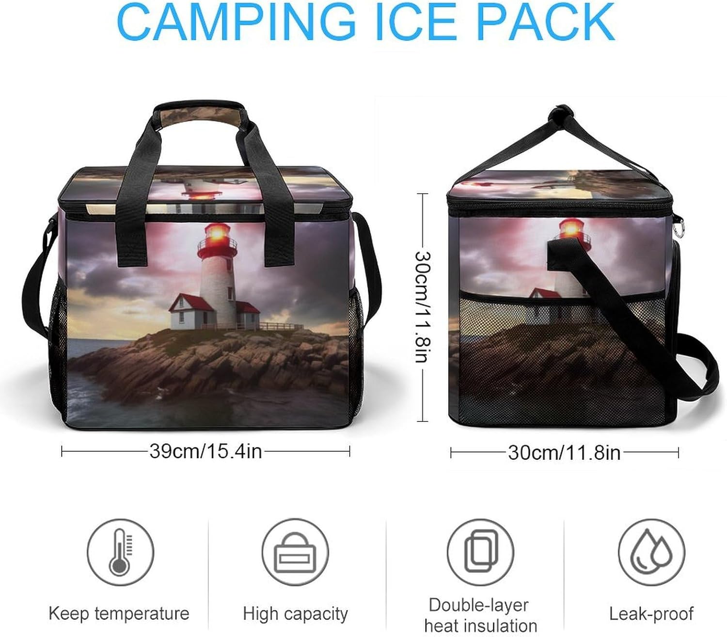 Large Capacity Oxford Cloth Lighthouse Printed Camping Ice Bag, Outdoor Portable Insulation and Cooling Bag, Suitable for Outdoor Camping and Picnics