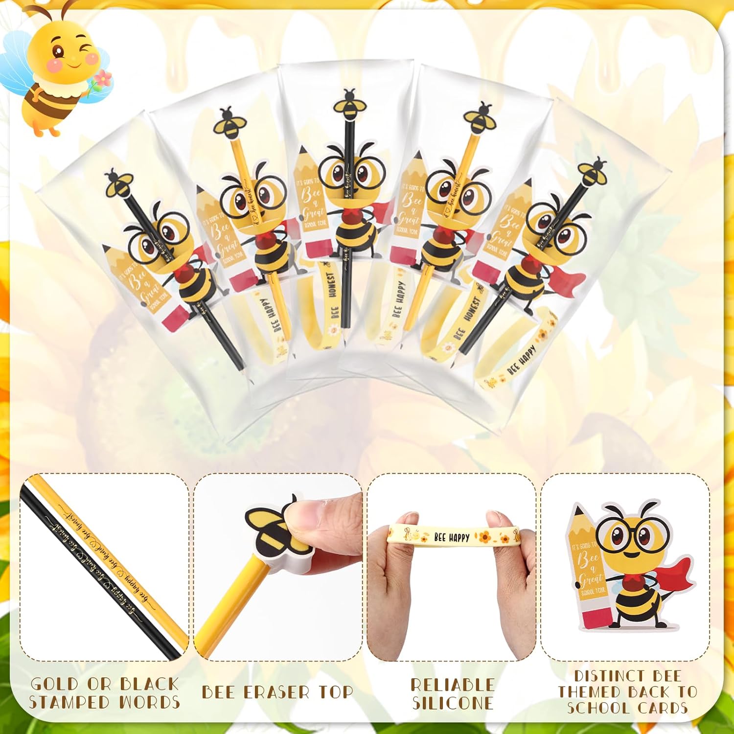 36 Sets Back to School Gifts Bee Decorations for Classroom Cute Bee Pencil Erasers Bulk Silicone Bracelet Inspirational Cards Stuffers for Class Students from Teacher Class Reward Prizes