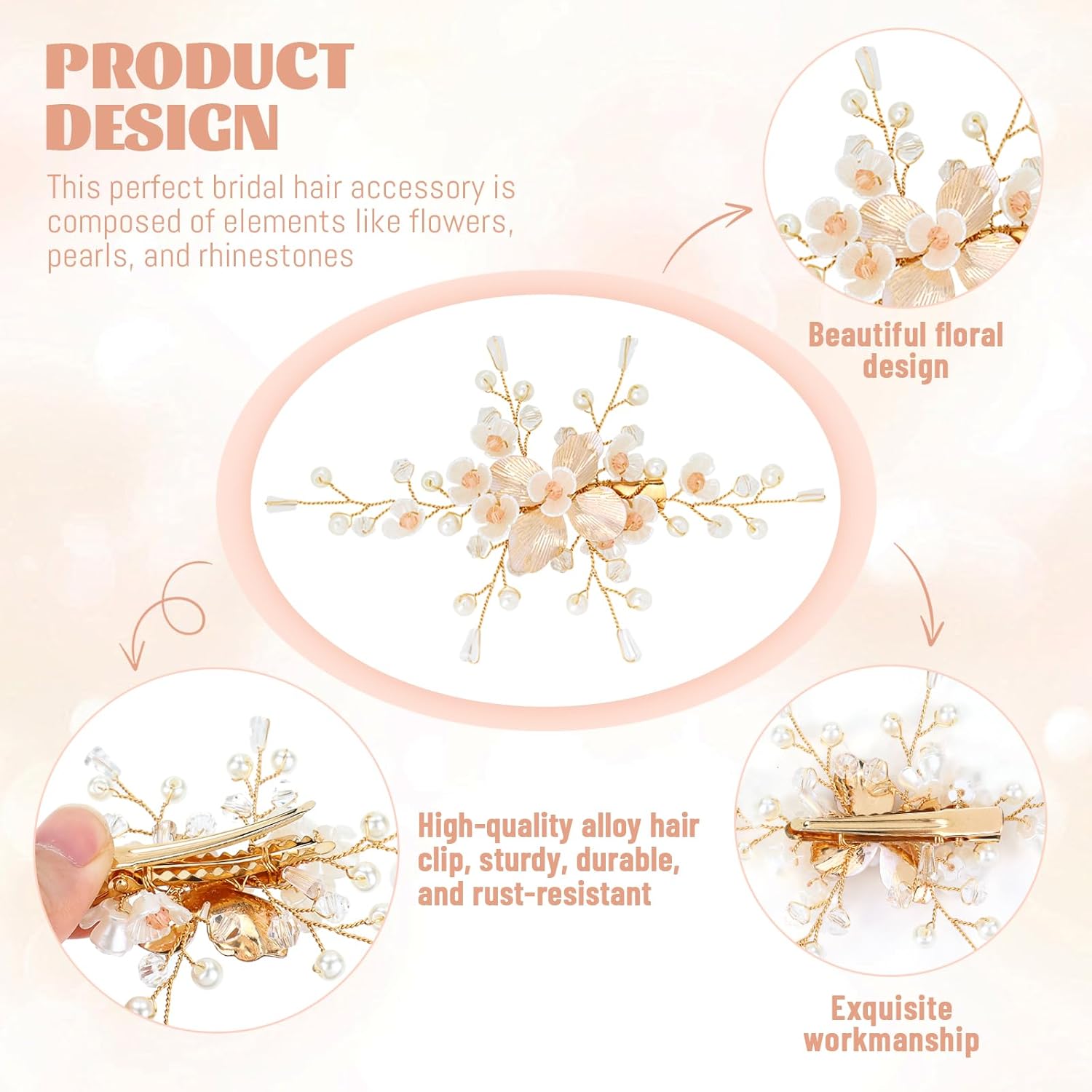 8 Pieces Rose Gold Wedding Bridal Pearl Flower Hair Clips Barrettes+U-shaped Pearl Rhinestone Hair Pins Headpieces Accessories for Brides Bridesmaids Women Girls - Image 3