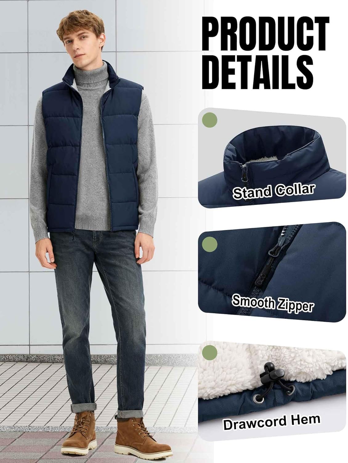 33,000ft Men's Winter Puffer Vest Outerwear Fleece Lined Warm Casual Outdoor Insulated Quilted Sleeveless Jacket - Image 3