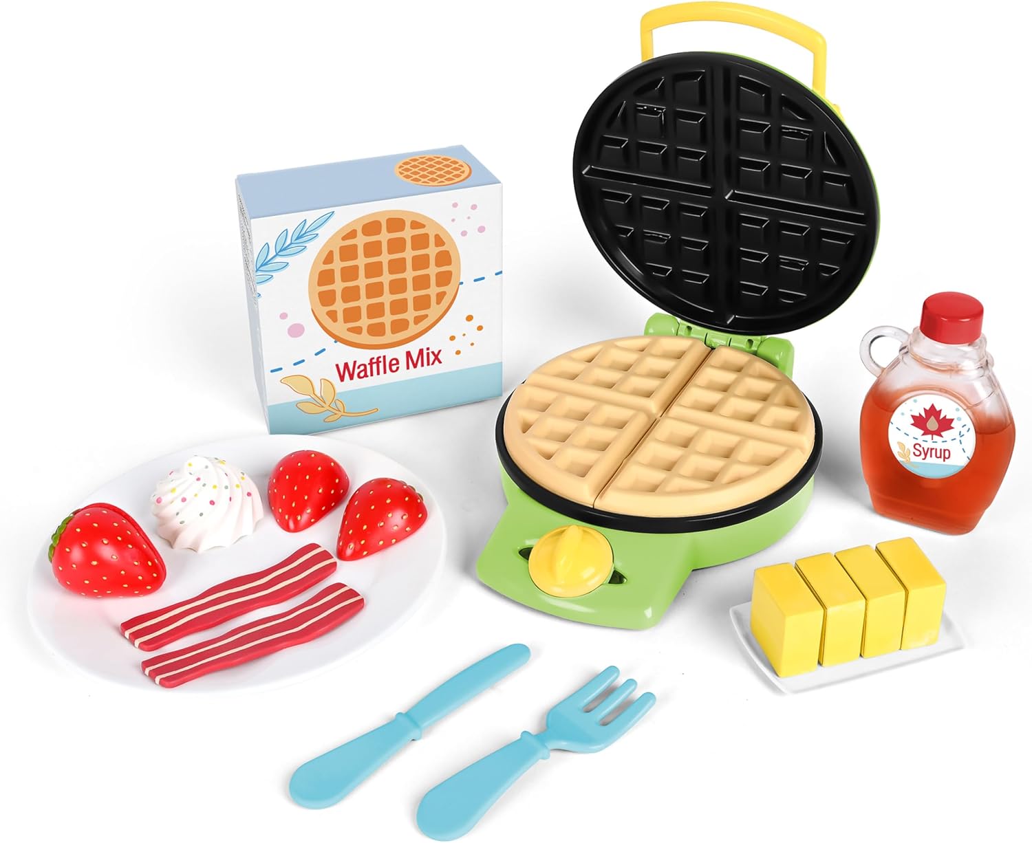 Play Food Sets for Kids Kitchen Toys, Pretend Breakfast Playset with Plush Waffle Toppings Syrup Bottle and Plate, Fake Food and Toy Kitchen Accessories Look So Realistic