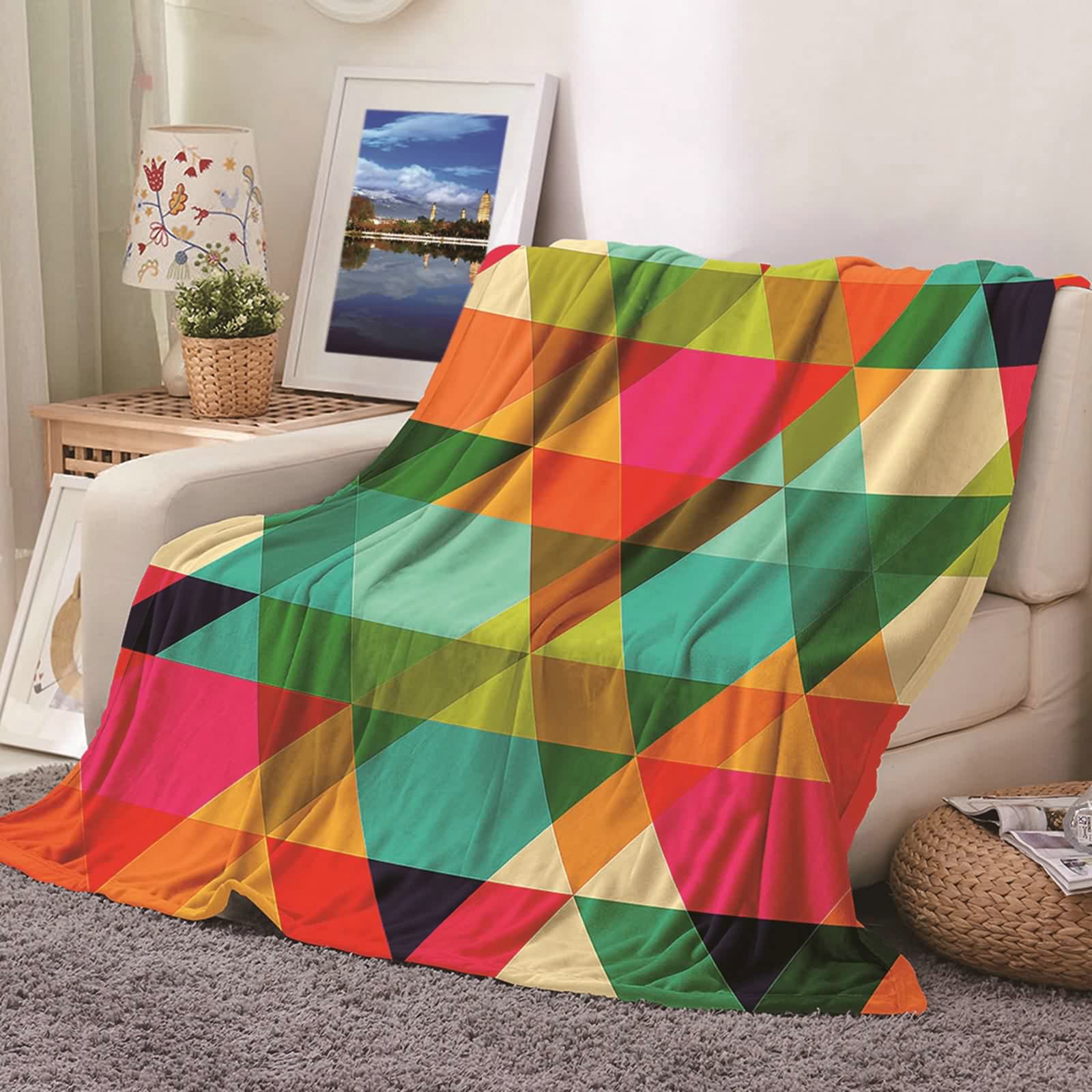 Aeici Couverture Polaire, Couverture Polaire Hiver Couverture 160x200 cm avec Imprimé Triangle Couverture Canapé pour Salon Lit