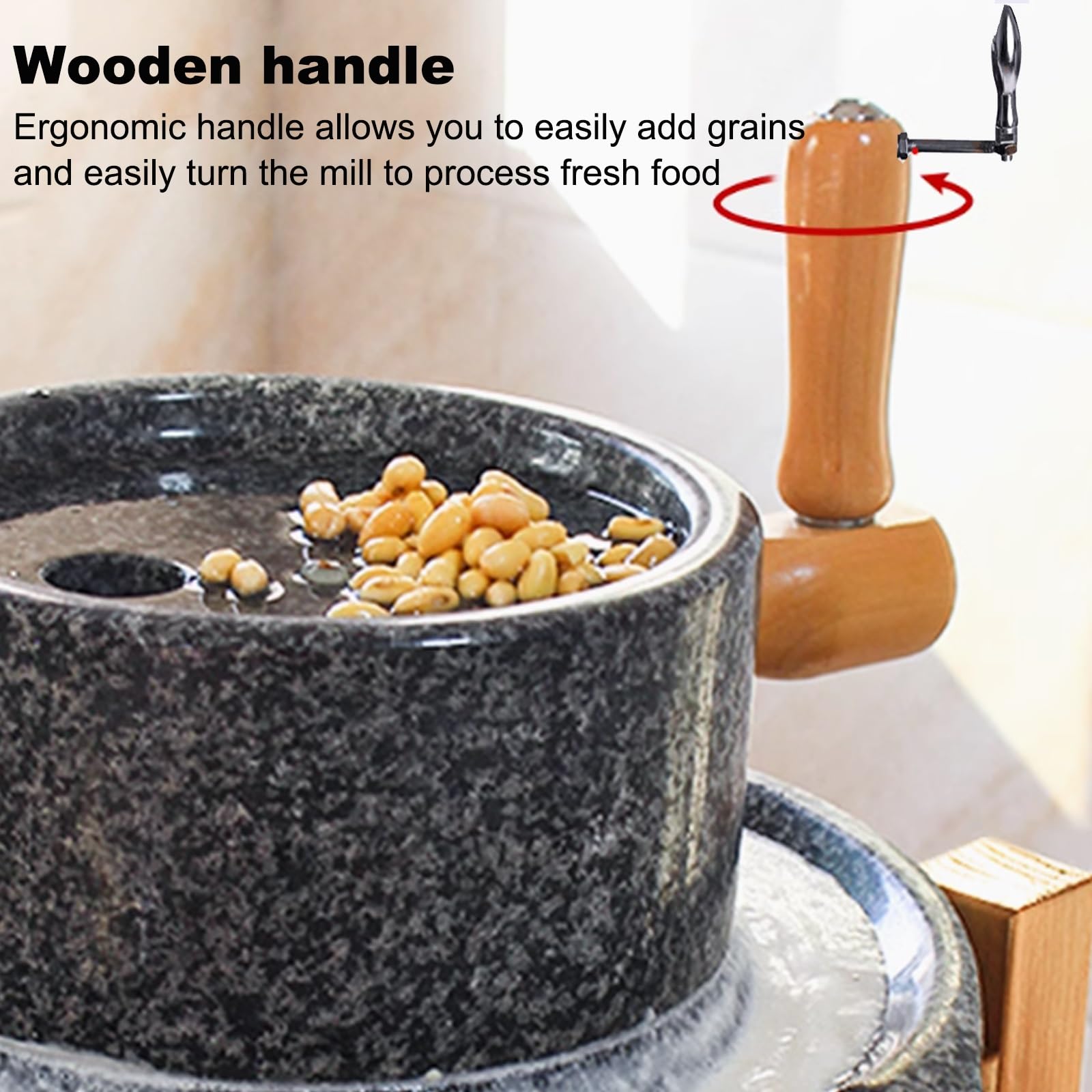 Molinillo de piedra manual, molinillo de café vintage hecho a mano con soporte de madera, pequeño molinillo de piedra de 22 cm, ideal para moler café y especias, piedra de sisal negro duradera