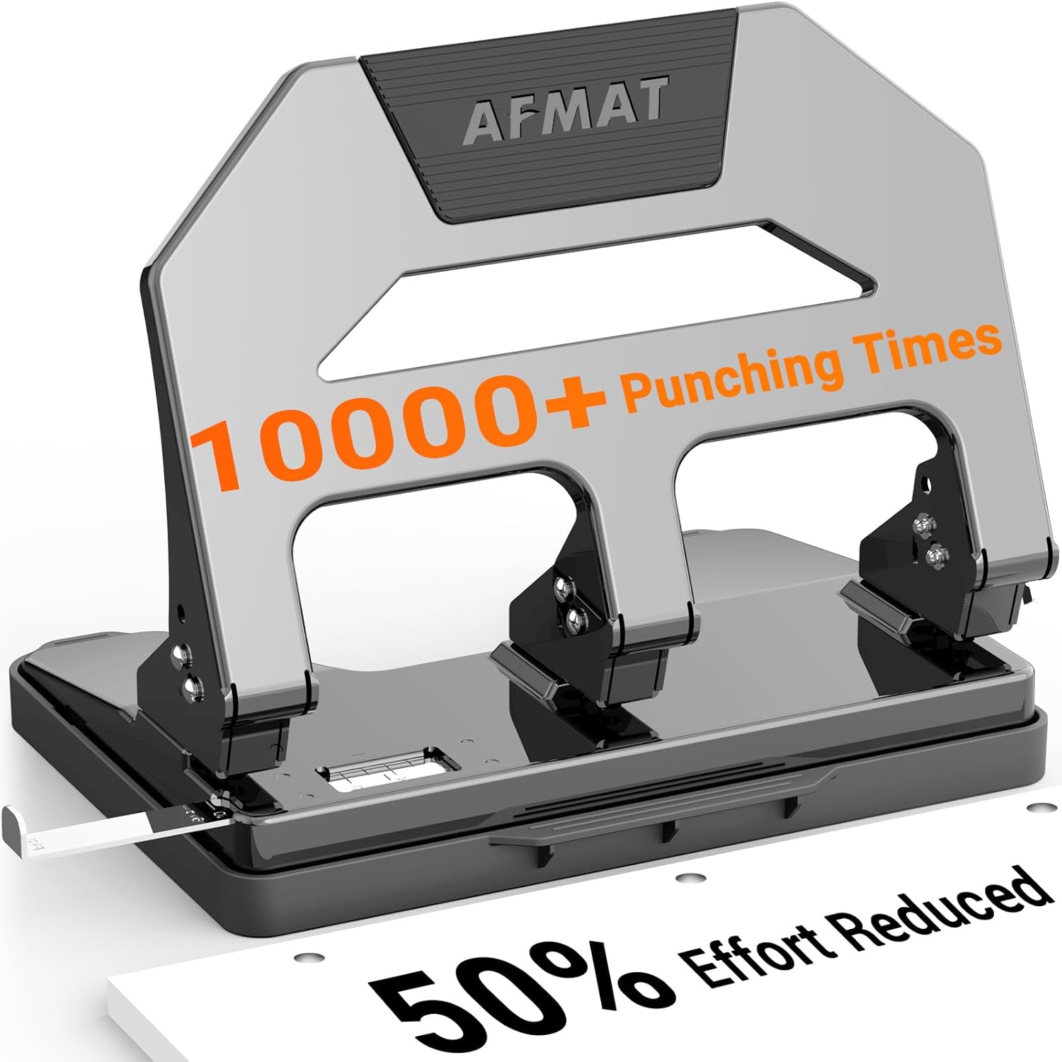 AFMAT Heavy Duty 3 Hole Punch, 40-Sheet Three Hole Puncher for Binder, 50% Reduced Effort Paper Punch, 10K+ Uses, Office Metal Hole Puncher 3 Ring w/Large Tray, Bulit-in S.S. Paper Guide, HPX2(Gray)