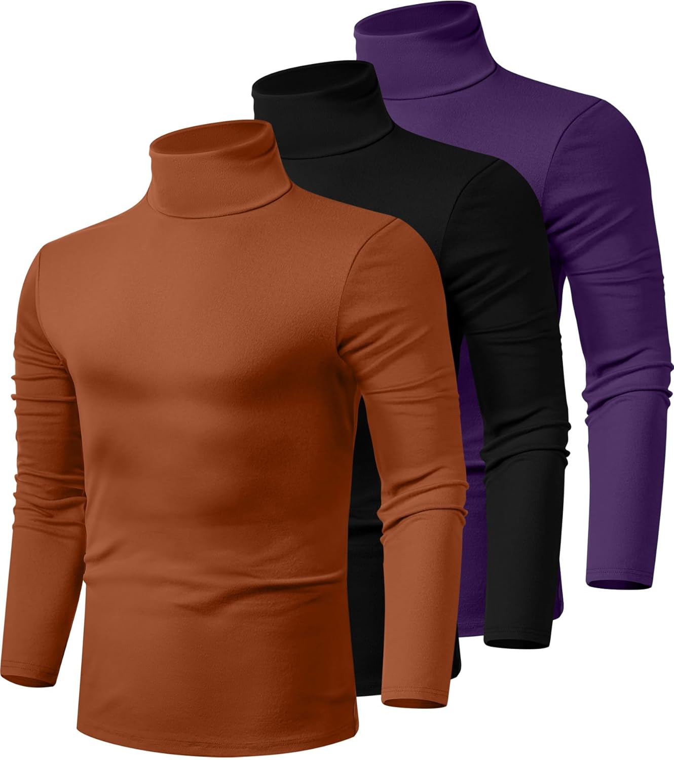 Ficerd 3 Pack Men's Turtleneck Shirts, Long Sleeve Cotton Pullover Sweaters Mock Neck Knitted T-Shirt Basic Slim Fit Tops