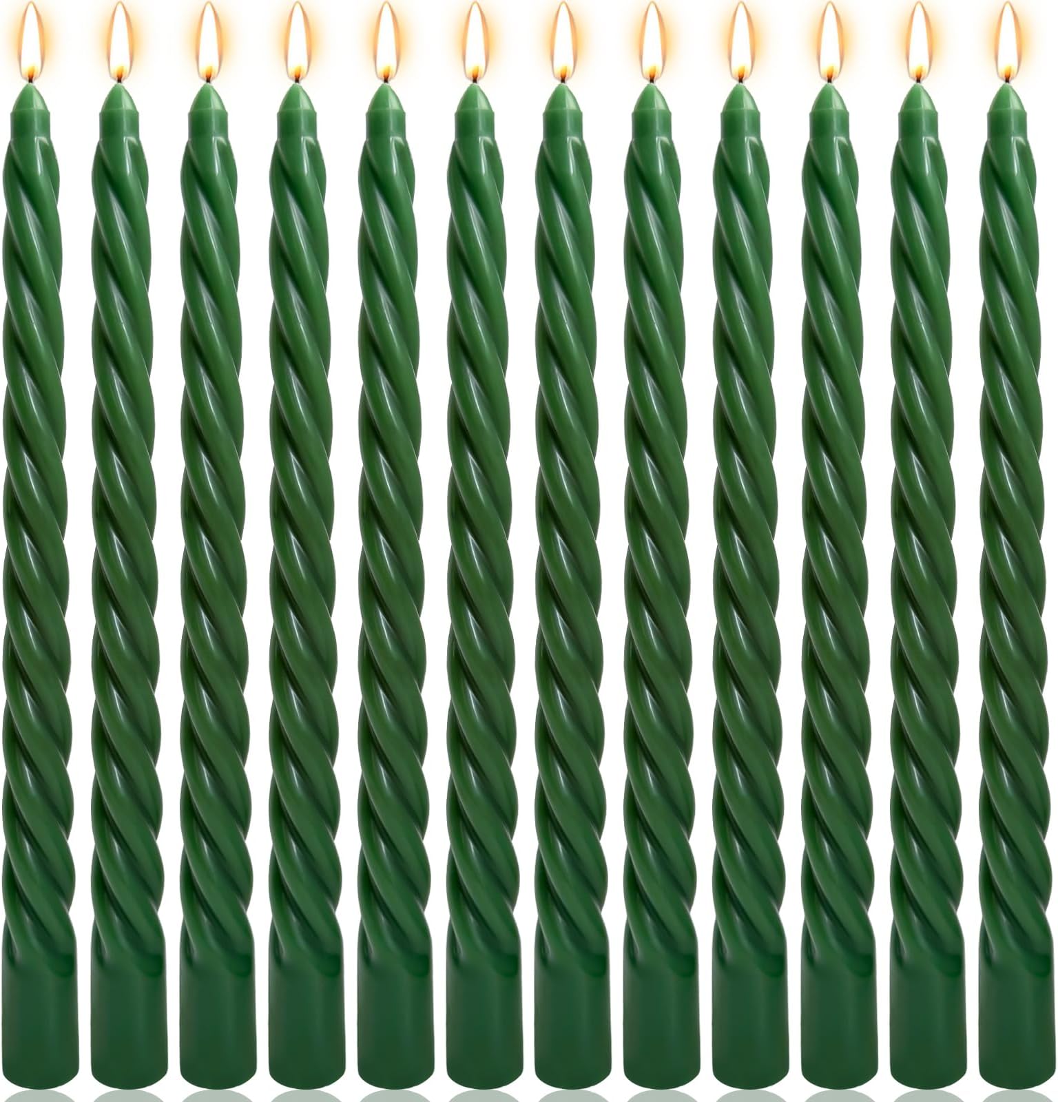 10 Inch Hunter-Green Twisted Taper Candles Set for Christmas and Spring, 12 Pack Unscented Dripelss Candlesticks for St. Patrick's Day Holiday Party Decoration