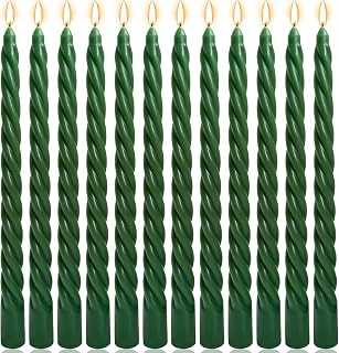 10 Inch Hunter-Green Twisted Taper Candles Set for Christmas and Spring, 12 Pack Unscented Dripelss Candlesticks for St. Patrick's Day Holiday Party Decoration