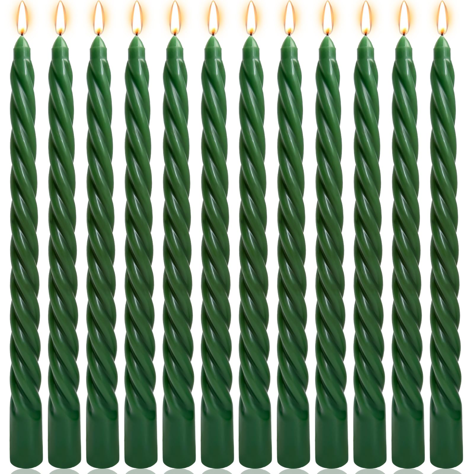 10 Inch Hunter-Green Twisted Taper Candles Set for Christmas and Spring, 12 Pack Unscented Dripelss Candlesticks for St. Patrick's Day Holiday Party Decoration