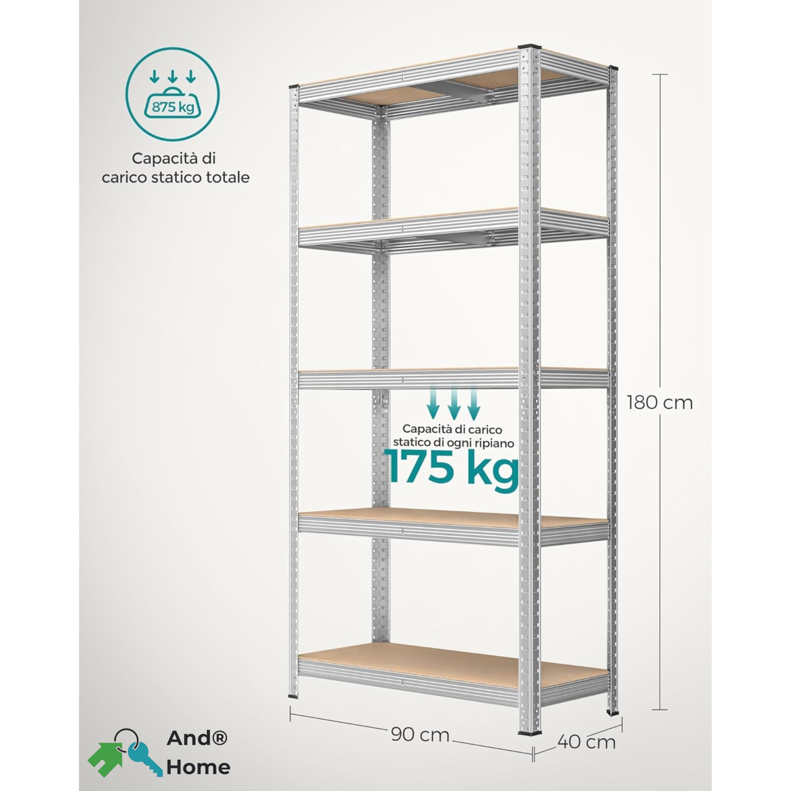 1 Scaffale Metallo Garage, Zincato 5 Ripiani in MDF – Portata Totale 875 kg – Montaggio Senza Viti o Bulloni - Scaffalatura Salvaspazio Robusta per Cantina, Cucina o Ufficio,180x90x40 cm
