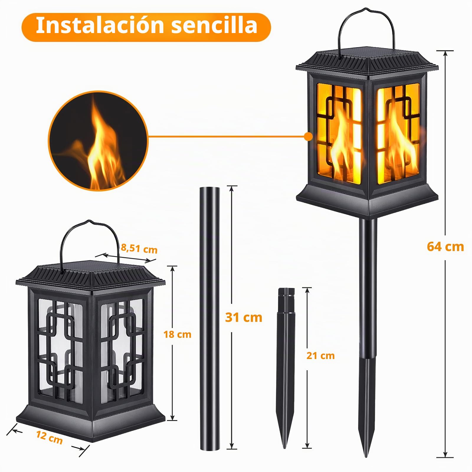 Luz de Llama Solar de Exterior, Linternas Solares de Jardín Impermeable IP65 con Efecto de Luz de Llama Realista, Luces Solares Antorcha con Encendido/Apagado Automático y 2 Modos de Luz