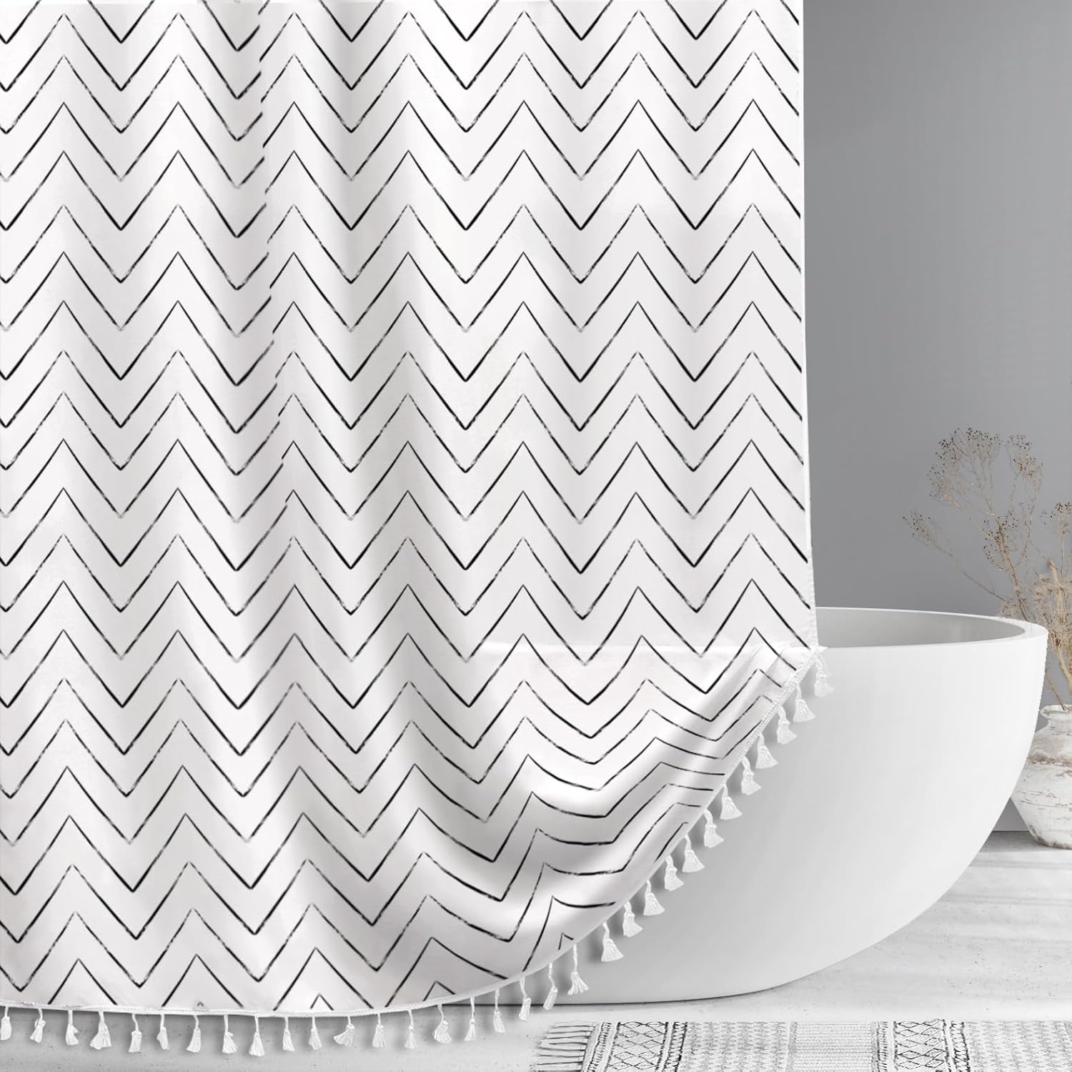 Awellife Stall Black and White Shower Curtain with Tassel