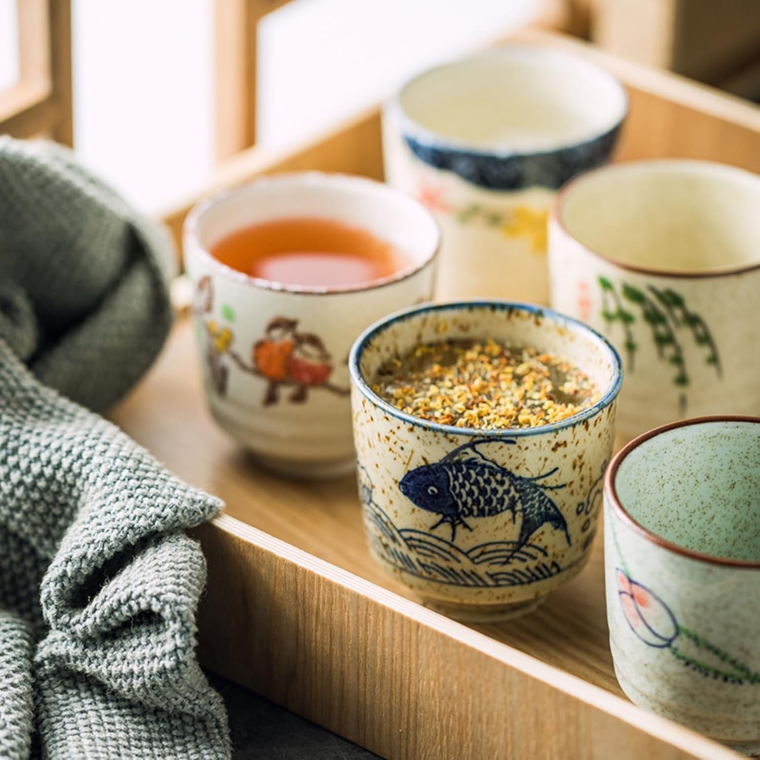 6 Pieces Japanese Tea Cups, 6 Oz Ceramic Coffee Cup with Good Heat Retention, No Handle Teacup Matcha Mug for Latte, Juice, Gift, Dishwasher Safe