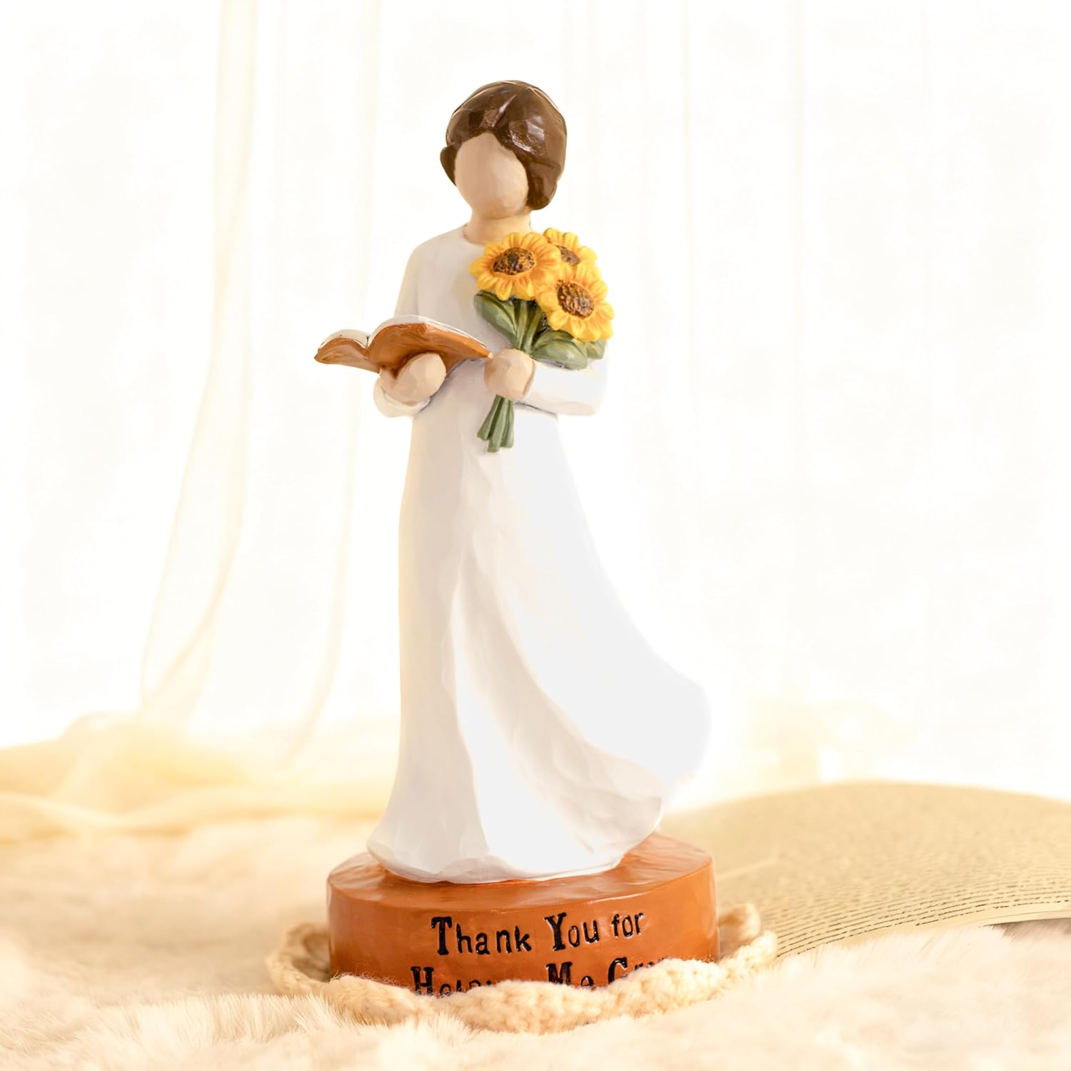 Teacher Figurine Resin Sculpture for Desk or Shelf Classroom and Office Decorative Keepsake,Standing Teacher with Book and Flowers