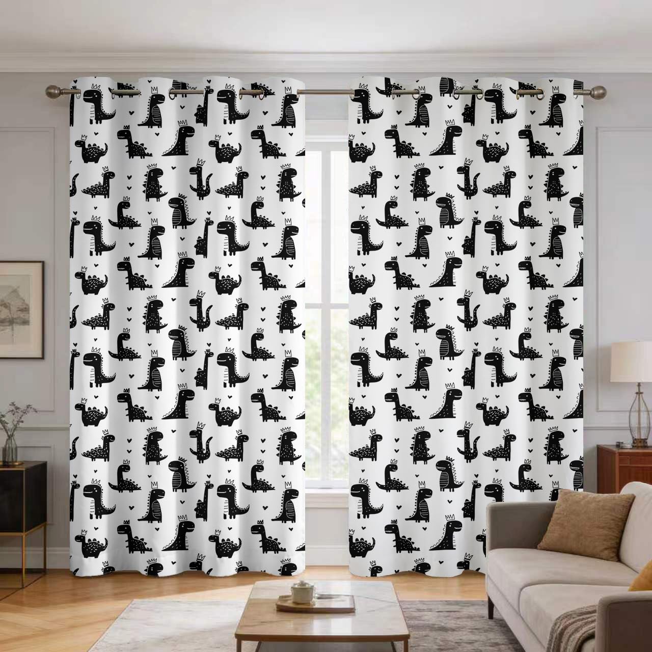 Rideaux Motif Mignon Dinosaure - Rideau Occultant Garçons Dinosaures Enfants, Lot de 2 Rideaux Imprimé, Decoration Chambre Salon Cuisine, Draperies Intérieurs à Oeillets L 140 x H 220 T&YR-35