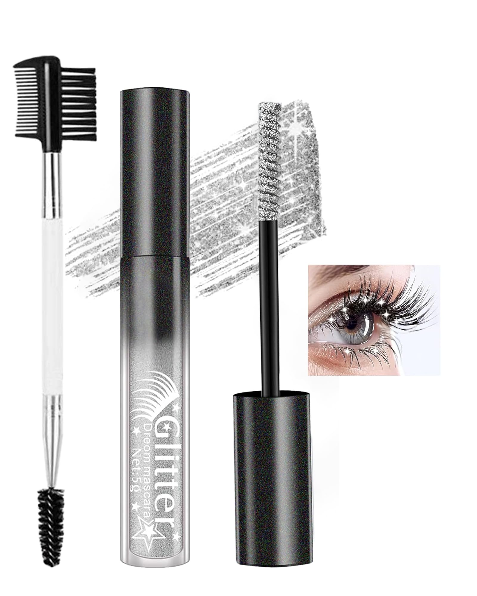 Glitter Mascara, Silver Shimmer Curling Mascara for Women Eyelashes & Brows 01 Silver